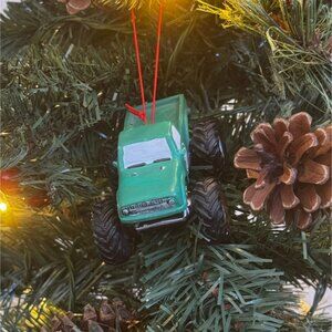 Cannon Falls Resin Green Monster Truck Lucky 7 Ornament With Red Hanging String